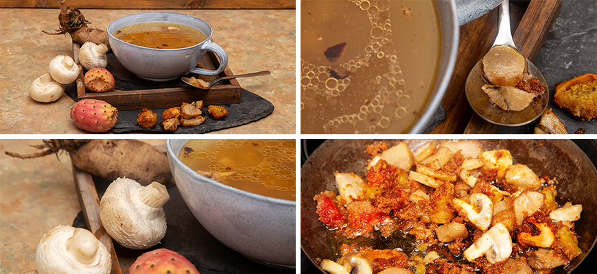 Bouillon chaud aux dahlias frits, champignons et figues de Barbarie